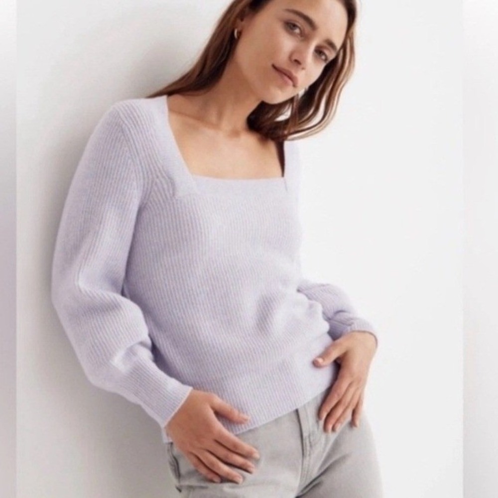 Madewell Lavender Wool Blend Square Neck Ribbed Balloon Sleeve Sweater XL Lilac